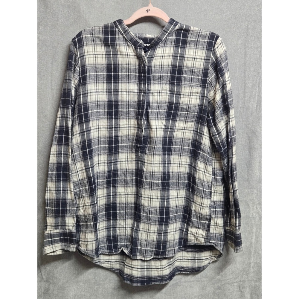 Lands End Womens Black White Plaid Flannel Henley Tunic Shirt M 10-12